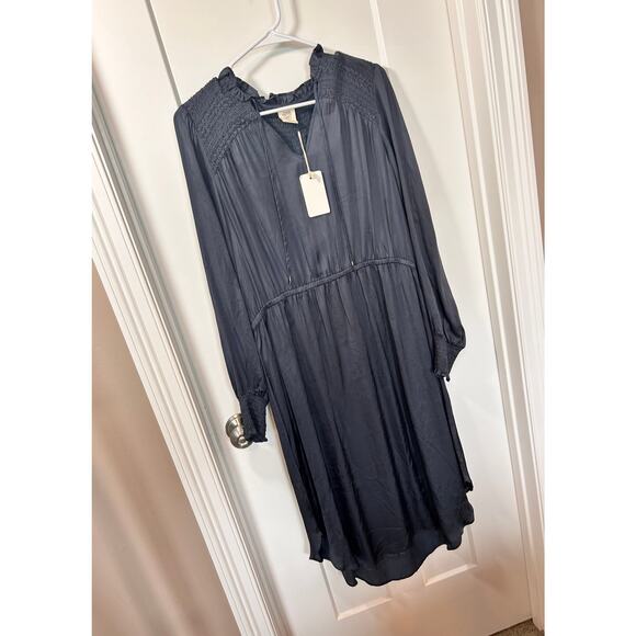 NWT Good Hart Women's Silky Long Sleeve Midi Dress Smocked Boho Blue Size Large - Picture 4 of 14